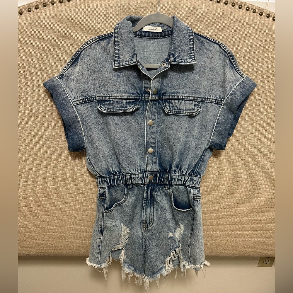 Idem ditto distressed blue jean romper. Size small